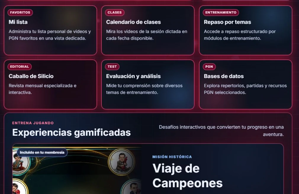 Portal privado de Ajedrez de Silicio con sus módulos de entrenamiento
