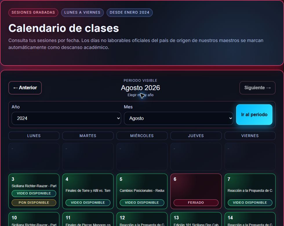 Calendario real de agosto de 2026 con sesiones grabadas, videos y archivos PGN